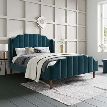 Stylish SHA CERLIN Upholstered Queen Bed Frame in Blue