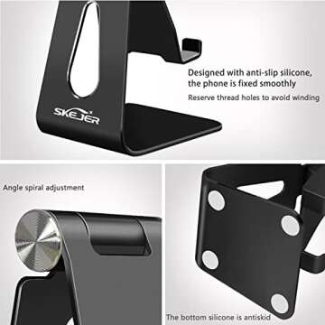 Adjustable Cell Phone Stand,SKEJER Phone Holder,Tablet Dock,Aluminum Desktop Compatible with iPhone 12 iPad,Samsung Galaxy,Google Pixel All Smart Phone/Tablets Under 10 in-Black