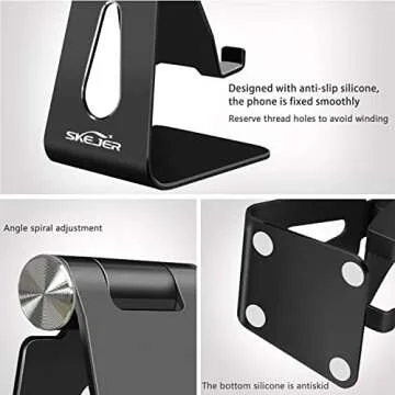 Adjustable Cell Phone Stand,SKEJER Phone Holder,Tablet Dock,Aluminum Desktop Compatible with iPhone 12 iPad,Samsung Galaxy,Google Pixel All Smart Phone/Tablets Under 10 in-Black