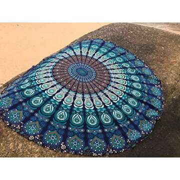 raajsee Mandala Round Beach Tapestry Hippie/Boho Beach Blanket Roundie/Indian Cotton Throw Bohemian Round Table Cloth/Yoga Mat Meditation Picnic Rugs 70 inch Circle (TURQUOISE)