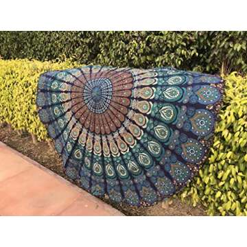 raajsee Mandala Round Beach Tapestry Hippie/Boho Beach Blanket Roundie/Indian Cotton Throw Bohemian Round Table Cloth/Yoga Mat Meditation Picnic Rugs 70 inch Circle (TURQUOISE)