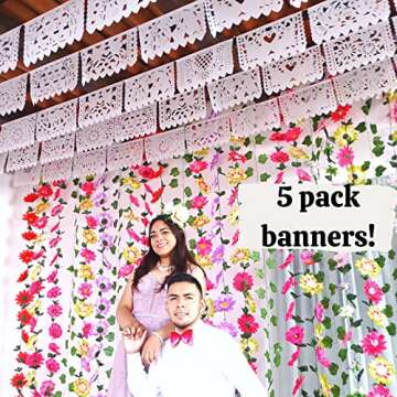 5 Pk Mexican Wedding Decorations - 60 ft Papel Picado Banners