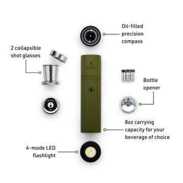 VSSL Flask - 9oz Glass Infused Adventure Flask with 2 Collapsible Shot Glasses and 4-Mode LED Light (Green)