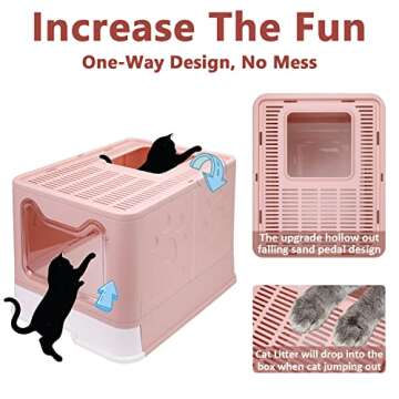 Foldable Cat Litter Box with Lid, Enclosed Cat Potty, Top Entry Anti-Splashing Cat Toilet, Easy to Clean Including Cat Litter Scoop and 2-1 Cleaning Brush (Pink) Large