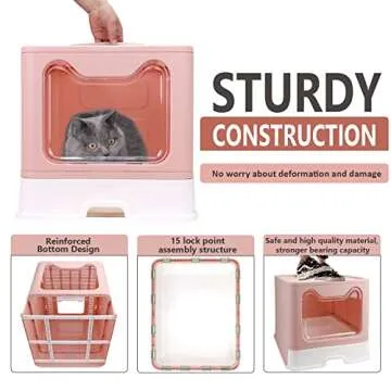 Foldable Cat Litter Box with Lid, Enclosed Cat Potty, Top Entry Anti-Splashing Cat Toilet, Easy to Clean Including Cat Litter Scoop and 2-1 Cleaning Brush (Pink) Large