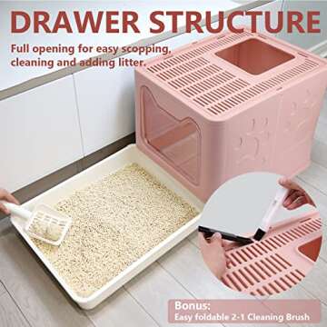 Foldable Cat Litter Box with Lid, Enclosed Cat Potty, Top Entry Anti-Splashing Cat Toilet, Easy to Clean Including Cat Litter Scoop and 2-1 Cleaning Brush (Pink) Large