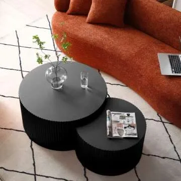 WILLIAMSPACE Nesting Coffee Table Set of 2, Matte Black Round Wooden Coffee Tables, Modern Luxury Side Tables Accent End Table for Living Room Apartment (Black-Round)