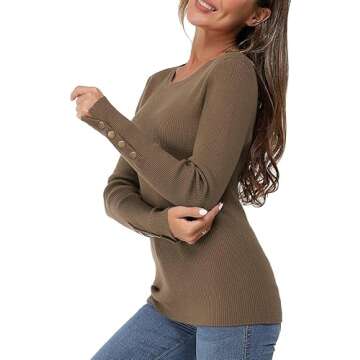 Newshows Women's 2024 Winter Long Sleeve Knit Crew Neck Button Stretch Work Casual Pullover Sweater ...