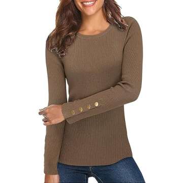 Newshows Women's Button Knit Crew Neck Pullover Sweater