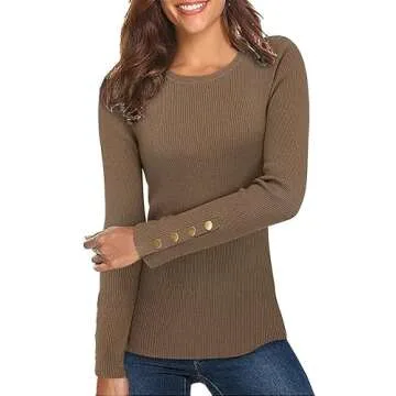 Newshows Women's Button Knit Crew Neck Pullover Sweater