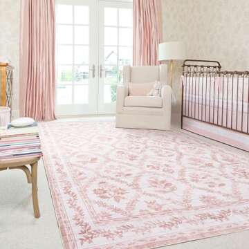 Pink Rugs for Bedroom Women Boho Light Pink Floral Area Rugs Nursery for Baby Girl, Blush Pink Cute Foldable Machine Washable Distressed Carpet for Living Room Bedroom Dorm Kids Playroom