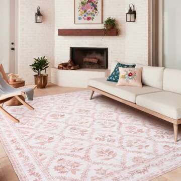 Pink Rugs for Bedroom Women Boho Light Pink Floral Area Rugs Nursery for Baby Girl, Blush Pink Cute Foldable Machine Washable Distressed Carpet for Living Room Bedroom Dorm Kids Playroom