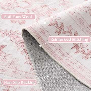 Pink Rugs for Bedroom Women Boho Light Pink Floral Area Rugs Nursery for Baby Girl, Blush Pink Cute Foldable Machine Washable Distressed Carpet for Living Room Bedroom Dorm Kids Playroom