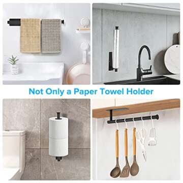 2nd Gen Paper Towel Holder Under Cabinet, [More Sturdy] Self Adhesive or Drilling Paper Towel Holder Wall Mount for Kitchen, RV, [Fit Mega Paper Towel Roll] SUS304 Stainless Steel(Pack of 1, Black)