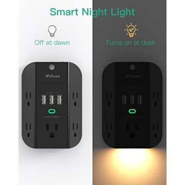 Surge Protector Outlet Extender with Night Light - 1800Joules Power Strip Wall Adapter Expander with...