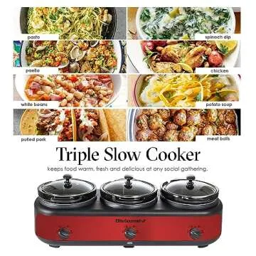 Elite Gourmet EWMST-325R Maxi-Matic Triple Slow Cooker Buffet Server Adjustable Temp Dishwasher-Safe Oval Ceramic Pots, Lid Rests, 3 x 2.5 Qt Capacity, Red
