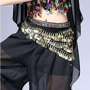 Gypsy Skirt Belly Dance Hip Scarf Pirate Costume Accessories Black Belly Dancing Dancer Skirt with Gold Coins for Women