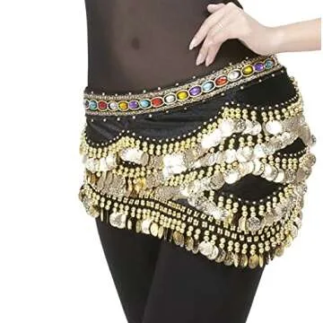 Gypsy Skirt Belly Dance Hip Scarf Pirate Costume Accessories Black Belly Dancing Dancer Skirt with Gold Coins for Women