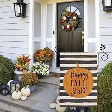 CROWNED BEAUTY Happy Fall Y'all Garden Flag Pumpkin Stripes 12×18 Inch Double Sided Vertical Rustic Farmhouse Yard Seasonal Holiday Outdoor Decor CF222-12