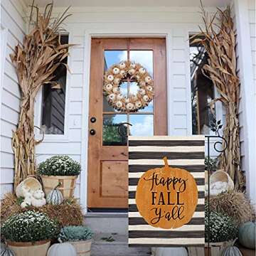 CROWNED BEAUTY Happy Fall Y'all Garden Flag Pumpkin Stripes 12×18 Inch Double Sided Vertical Rustic Farmhouse Yard Seasonal Holiday Outdoor Decor CF222-12