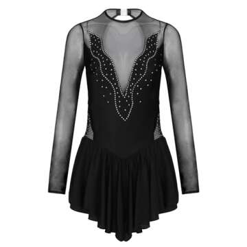 XUNZOO Womens Shiny Rhinestones Ballet Dance Leotard Dress Sheer Mesh Long Sleeves Figure Ice Skating Costumes Black Medium