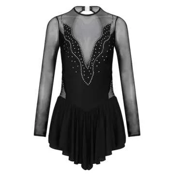 XUNZOO Womens Shiny Rhinestones Ballet Dance Leotard Dress Sheer Mesh Long Sleeves Figure Ice Skating Costumes Black Medium