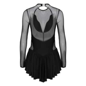 XUNZOO Womens Shiny Rhinestones Ballet Dance Leotard Dress Sheer Mesh Long Sleeves Figure Ice Skating Costumes Black Medium