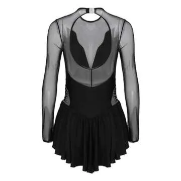 XUNZOO Womens Shiny Rhinestones Ballet Dance Leotard Dress Sheer Mesh Long Sleeves Figure Ice Skating Costumes Black Medium
