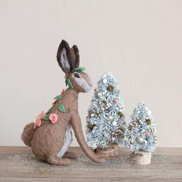 Creative Co-Op Wool Rabbit with Flowers, Brown, Pink, and Green