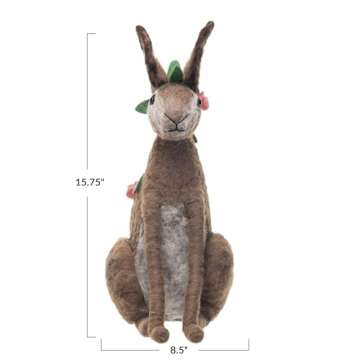 Creative Co-Op Wool Rabbit with Flowers, Brown, Pink, and Green