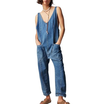 PLNOTME Women's Denim Overall Jumpsuits Sleeveless V Neck Adjustable Straps Jeans Long Pants Rompers