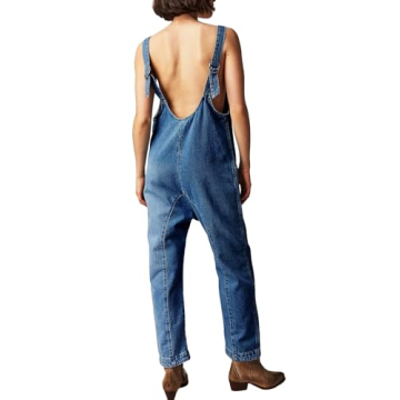 PLNOTME Women's Denim Overall Jumpsuits Sleeveless V Neck Adjustable Straps Jeans Long Pants Rompers