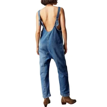 PLNOTME Women's Denim Overall Jumpsuits Sleeveless V Neck Adjustable Straps Jeans Long Pants Rompers