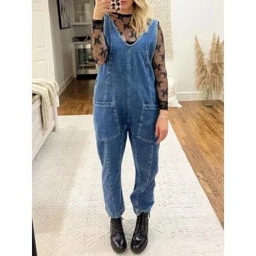 PLNOTME Women's Denim Overall Jumpsuits Sleeveless V Neck Adjustable Straps Jeans Long Pants Rompers