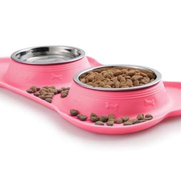 Hubulk Pet Dog Bowls 2 Stainless Steel Dog Bowl with No Spill Non-Skid Silicone Mat + Pet Food Scoop Water and Food Feeder Bowls for Feeding Small Medium Large Dogs Cats Puppies (M, Pink)