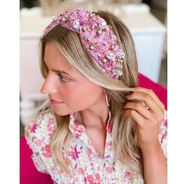 NVENF Knotted Headbands for Women, Pearl Crystal Knotted Headband, Rhinestone Embellished Jeweled Headbands Wide Top Knot Hairband Womens Fashion Hair Accessory (Pink)