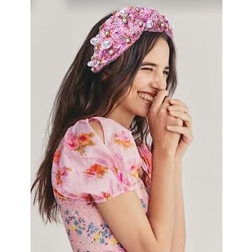 NVENF Knotted Headbands for Women, Pearl Crystal Knotted Headband, Rhinestone Embellished Jeweled Headbands Wide Top Knot Hairband Womens Fashion Hair Accessory (Pink)