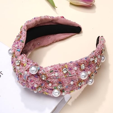 NVENF Knotted Headbands for Women, Pearl Crystal Knotted Headband, Rhinestone Embellished Jeweled Headbands Wide Top Knot Hairband Womens Fashion Hair Accessory (Pink)