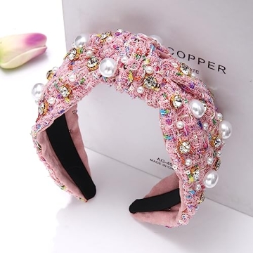 NVENF Knotted Headbands for Women, Pearl Crystal Knotted Headband, Rhinestone Embellished Jeweled Headbands Wide Top Knot Hairband Womens Fashion Hair Accessory (Pink)