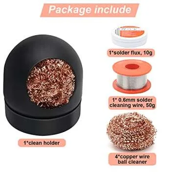 Soldering Iron Tip Cleaner Kit, Windspeed Non-slip Brass Soldering Tip Cleaner Solder Flux Brass Tip Cleaning Brass With Holder, Solder Flux, Solder Wire 4pcs Copper Wire Ball, No Water Needed