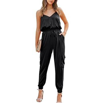 BTFBM Women's Casual Sleeveless Adjustable Spaghetti Strap Jumpsuits Summer One Piece Outfits Satin Long Pants Rompers(Solid Black, X-Large)