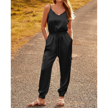 BTFBM Women's Casual Sleeveless Adjustable Spaghetti Strap Jumpsuits Summer One Piece Outfits Satin Long Pants Rompers(Solid Black, X-Large)