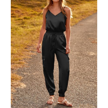 BTFBM Women's Casual Sleeveless Adjustable Spaghetti Strap Jumpsuits Summer One Piece Outfits Satin Long Pants Rompers(Solid Black, X-Large)