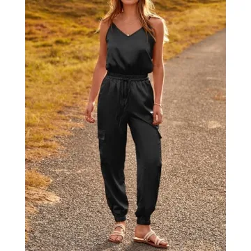 BTFBM Women's Casual Sleeveless Adjustable Spaghetti Strap Jumpsuits Summer One Piece Outfits Satin Long Pants Rompers(Solid Black, X-Large)