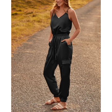 BTFBM Women's Casual Sleeveless Adjustable Spaghetti Strap Jumpsuits Summer One Piece Outfits Satin Long Pants Rompers(Solid Black, X-Large)