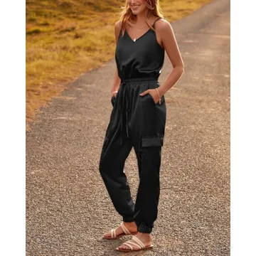 BTFBM Women's Casual Sleeveless Adjustable Spaghetti Strap Jumpsuits Summer One Piece Outfits Satin Long Pants Rompers(Solid Black, X-Large)
