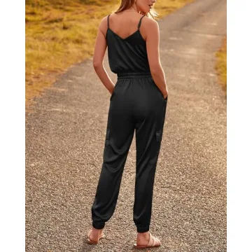 BTFBM Women's Casual Sleeveless Adjustable Spaghetti Strap Jumpsuits Summer One Piece Outfits Satin Long Pants Rompers(Solid Black, X-Large)