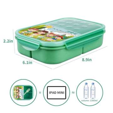 Itopor® Ideal Leak-Proof Bento Box for Kids,Wheat Fiber Materials Lunch Box Kids,Microwave & Dishwasher Safe Bento Box Adult,BPA-Free Lunch Containers with Utensils (Green 1300ml)