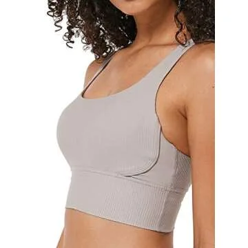 Ouber Women's Ribbed Sports Bras High Impact Strappy Back Fitness Yoga Bra (L/US 8,Grey)