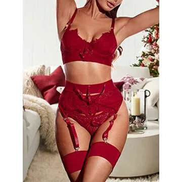 Kaei&Shi Garter Lingerie for Women,Underwire Eyelash Floral Lace Lingerie,High Waisted Matching 3 Piece Sexy Lingerie Set Burgundy Medium